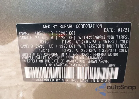 2021 Subaru Outback Limited z USA, uszkodzony, nr VIN 4S4BTANC4M3168717